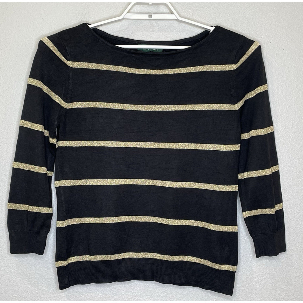 Lauren Ralph Lauren Silk Blend‎ Sweater Womens Large Black Gold Metallic Stripe